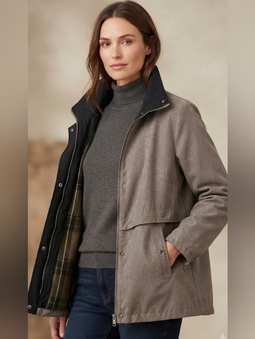 Women’s Taupe Utility Jacket with Contrast Collar